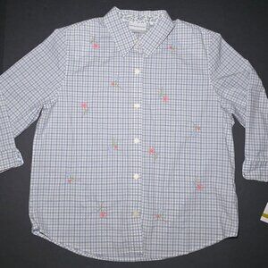 Alfred Dunner Blue White Checkered Floral Design Blouse Size 14 Petite